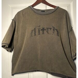 Ditch Oversized Graphic Garment Dyed Thick T Shirt Olive Green Raw Hem XL